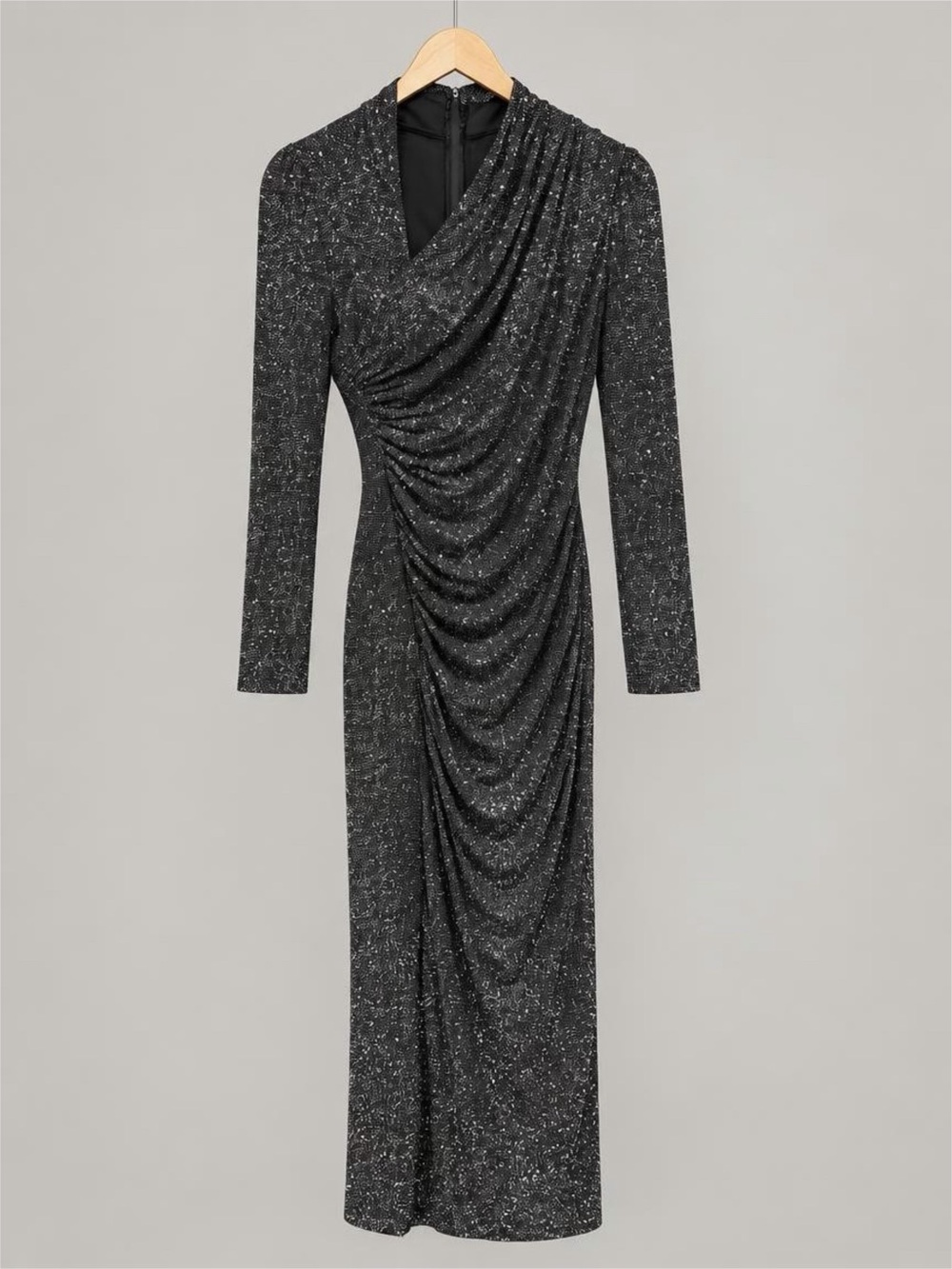 Premier Black Sparkle Ruched Long-Sleeve Evening Dress - 6